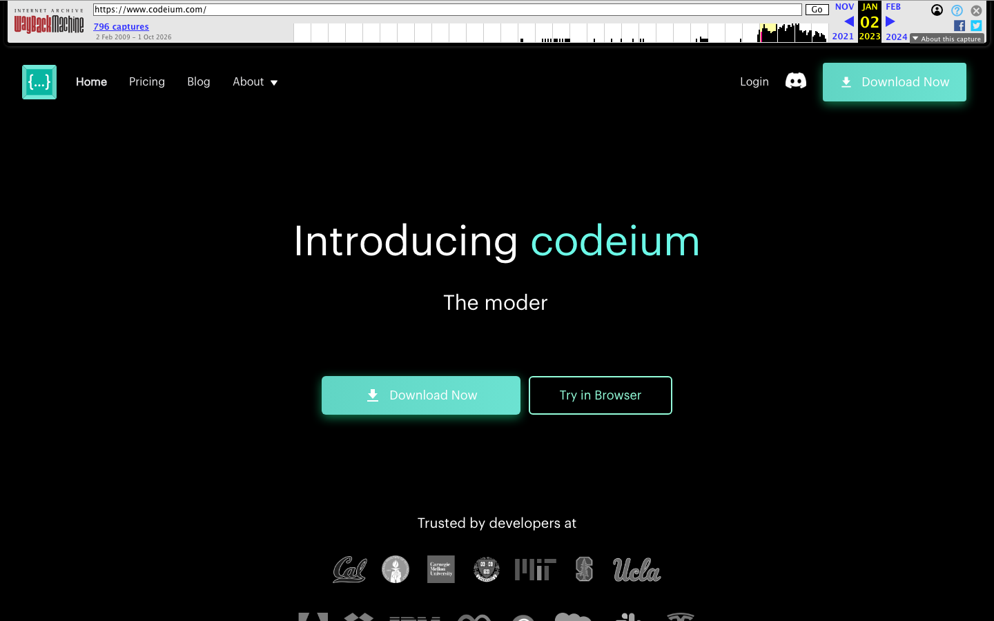 Codeium homepage January 2023: Introducing codeium, with university logos from Cal, CMU, MIT and UCLA as social proof